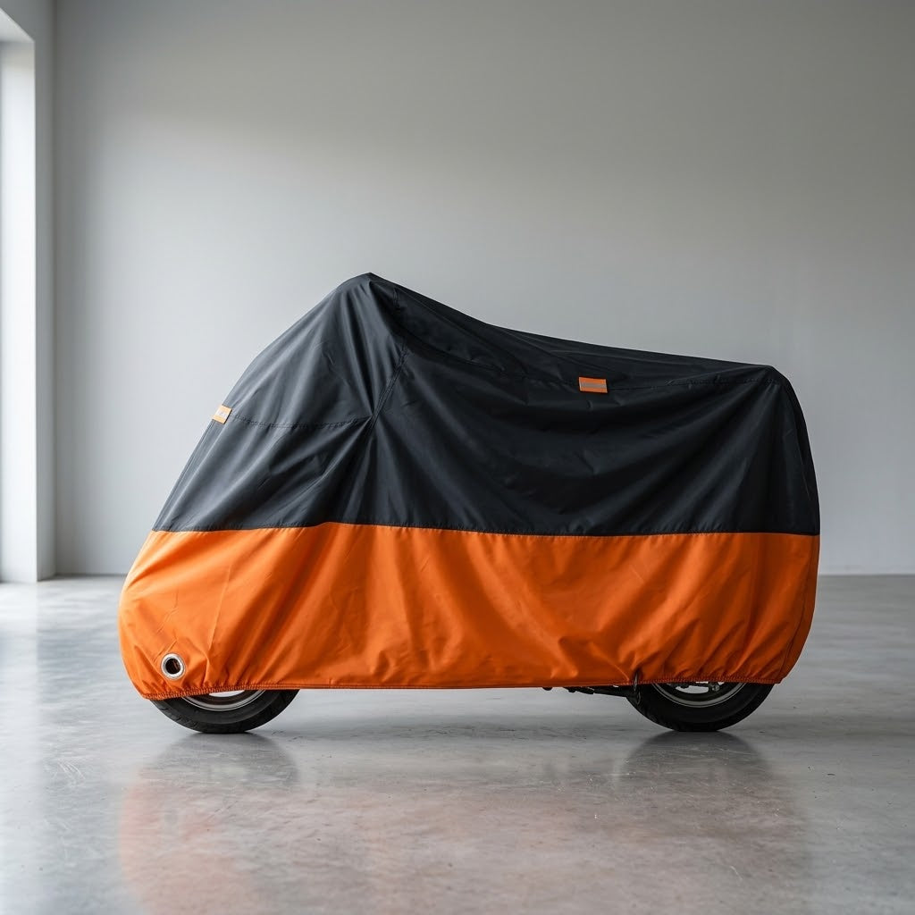 Motorradabdeckung aus 190T Oxford mit Schlossöse und Reflektoren, Schwarz/Orange, M–XXL -    Zorenza