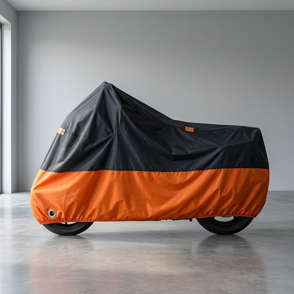 Motorradabdeckung aus 190T Oxford mit Schlossöse und Reflektoren, Schwarz/Orange, M–XXL -    Zorenza