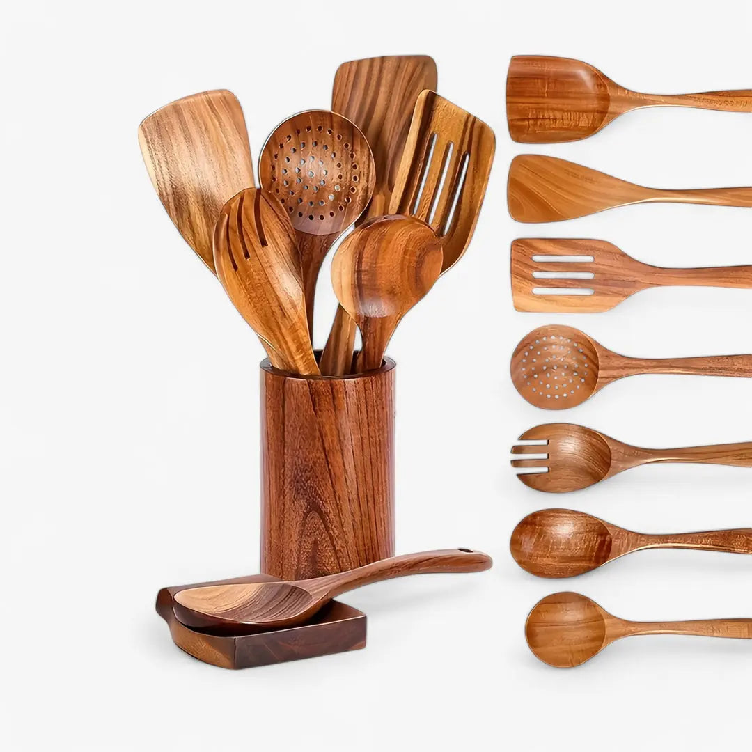 Teakholz Küchenbesteck-Set 9-teilig – mit Halter & Löffelablage | Massivholz