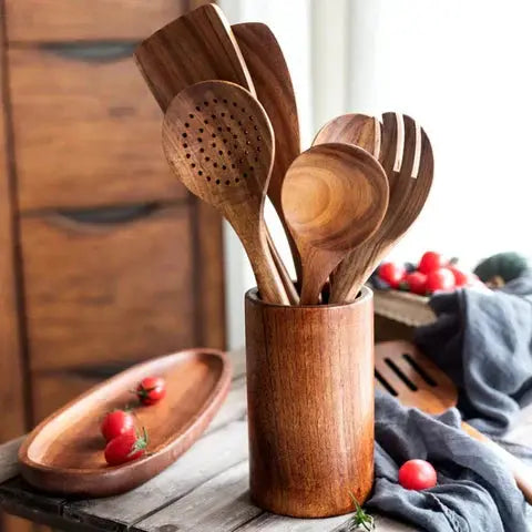 Teakholz Küchenbesteck-Set – 9-teilig mit Halter & Löffelablage Zorenza