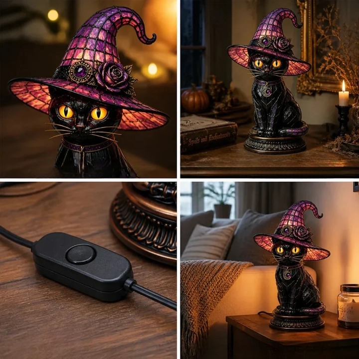 Tischlampe Hexenkatze Buntglas-Look 25 cm -    Zorenza