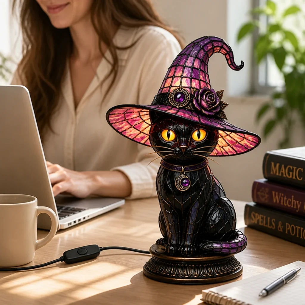 Tischlampe Hexenkatze Buntglas-Look 25 cm -    Zorenza