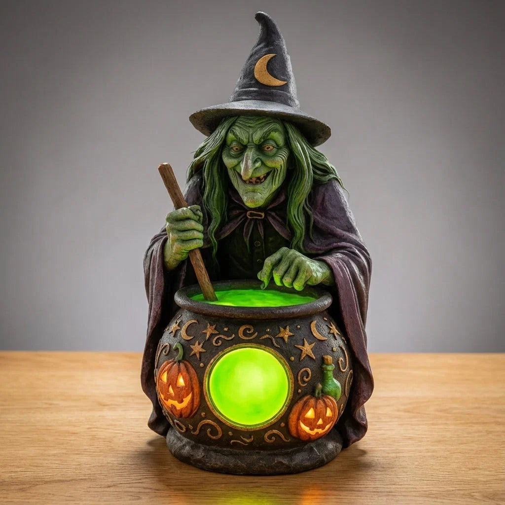 Hexen-Kessel Tischlampe Harz mit Neon-Grüner LED -    Zorenza