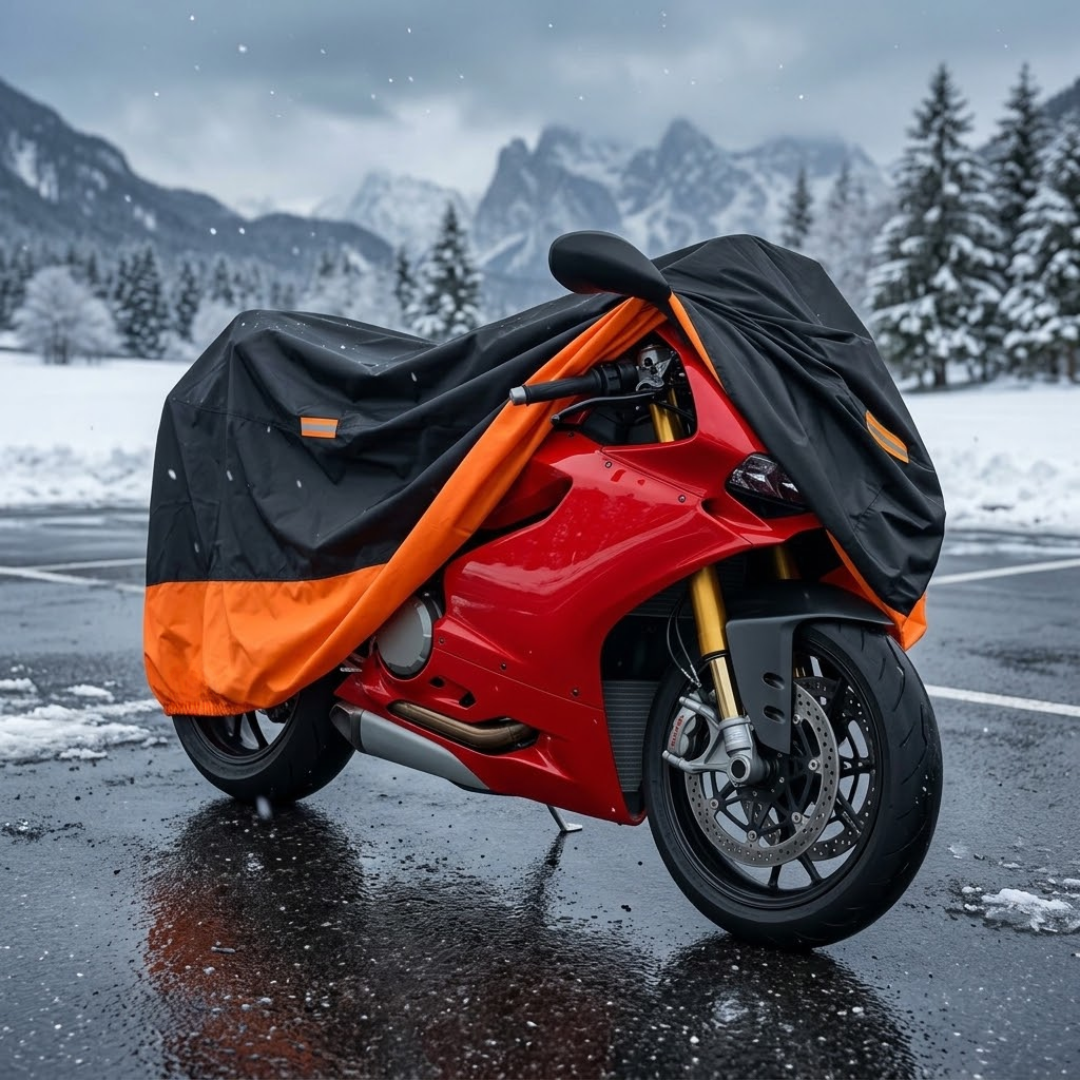 Motorradabdeckung aus 190T Oxford mit Schlossöse und Reflektoren, Schwarz/Orange, M–XXL -    Zorenza