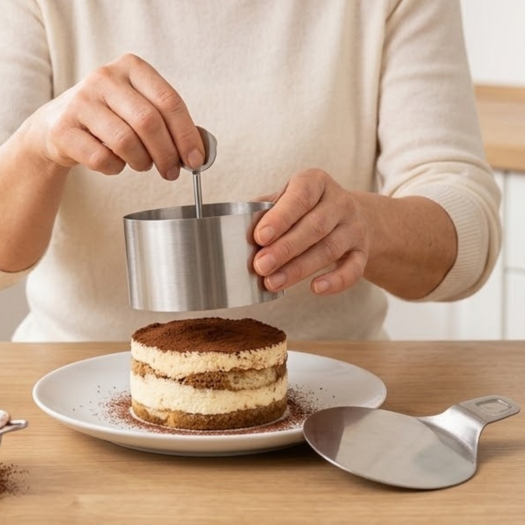 Dessertring Edelstahl mit Stempel und Bodenplatte, 3-teilig – Rund oder Herzform, Ø 8 cm -    Zorenza