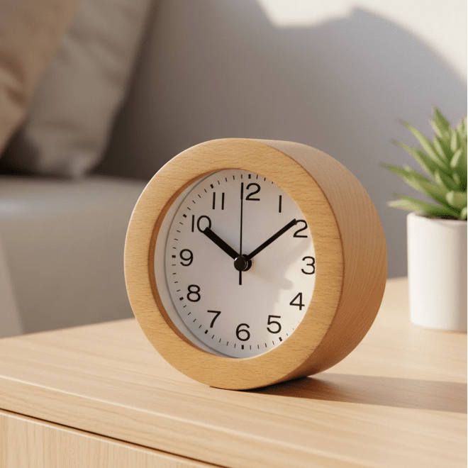 Holz-Wecker mit lautlosem Uhrwerk – Rund -    Zorenza