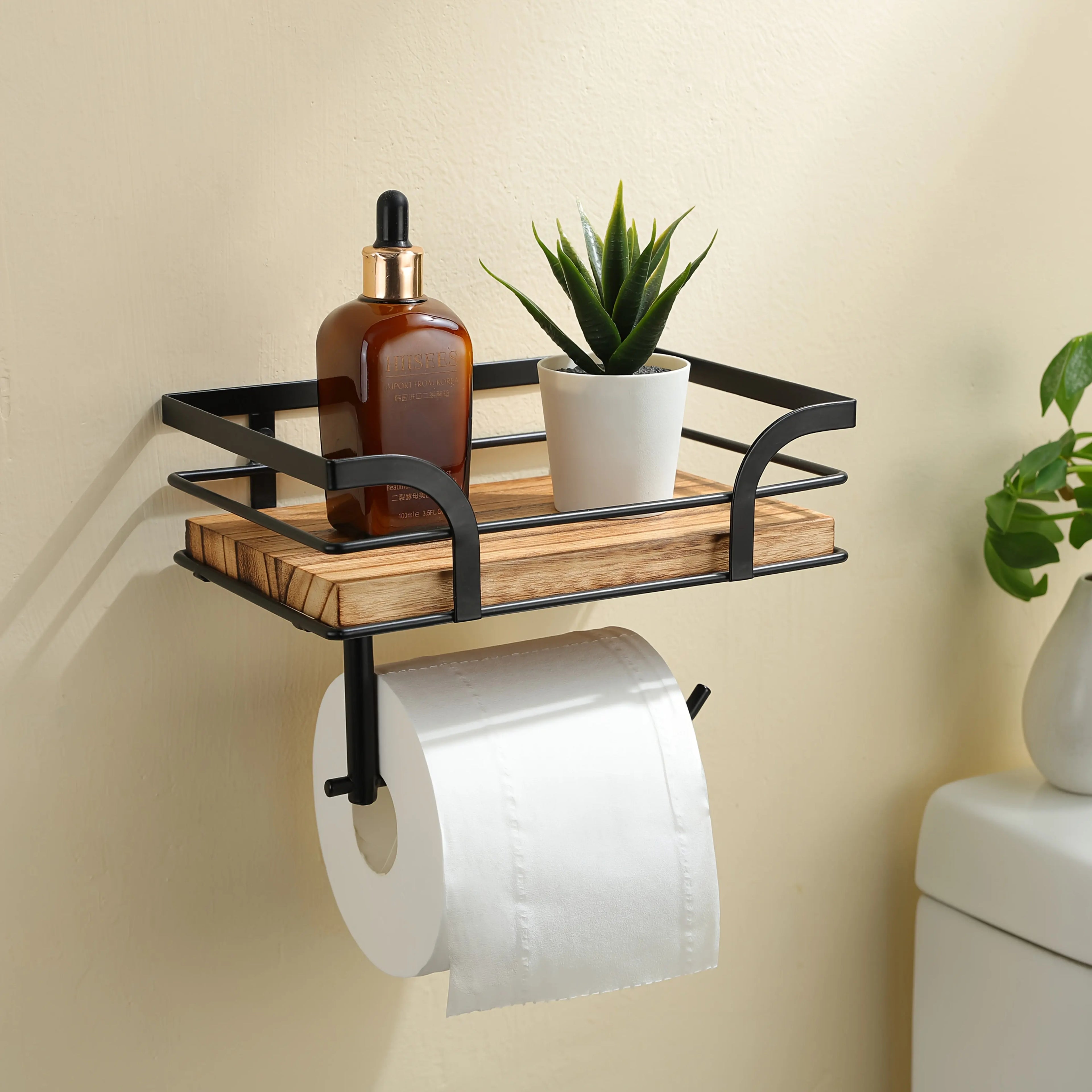 Wandregal mit Toilettenpapierhalter – Metall & Holz Zorenza
