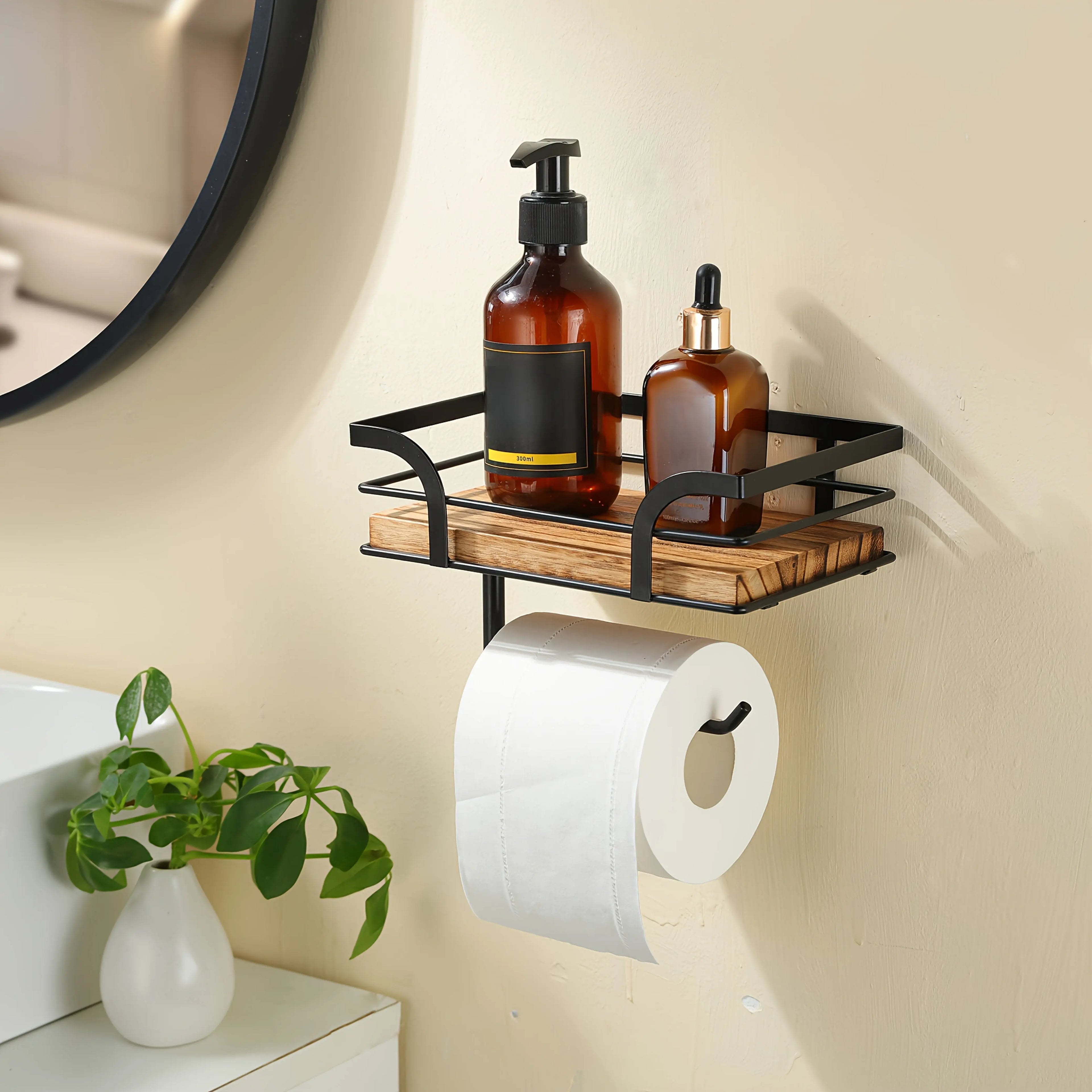 Badezimmer-Wandregal mit Toilettenpapierhalter – Metall & Holz