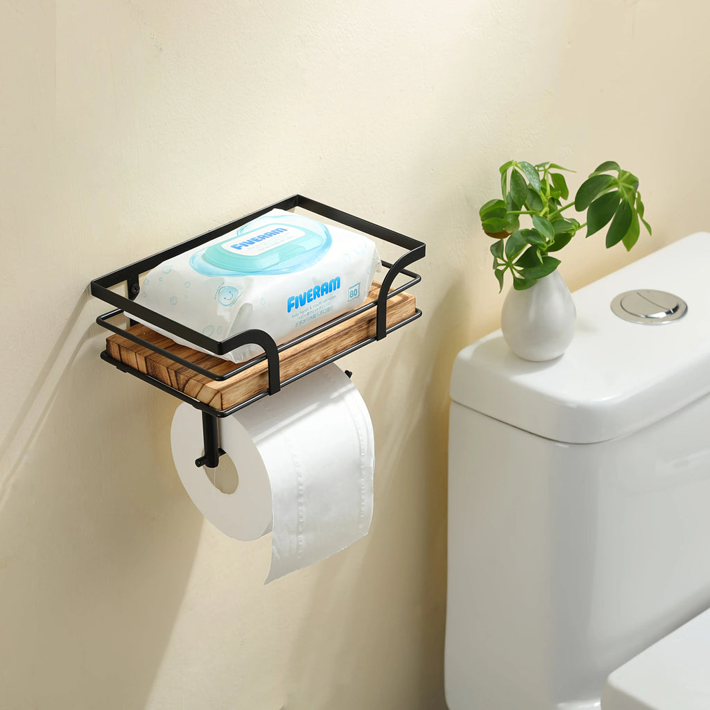 Wandregal mit Toilettenpapierhalter – Metall & Holz Zorenza