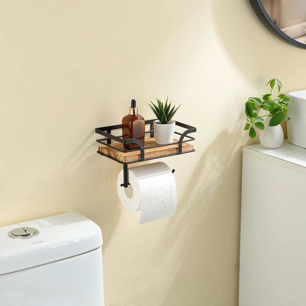 Wandregal mit Toilettenpapierhalter – Metall & Holz Zorenza