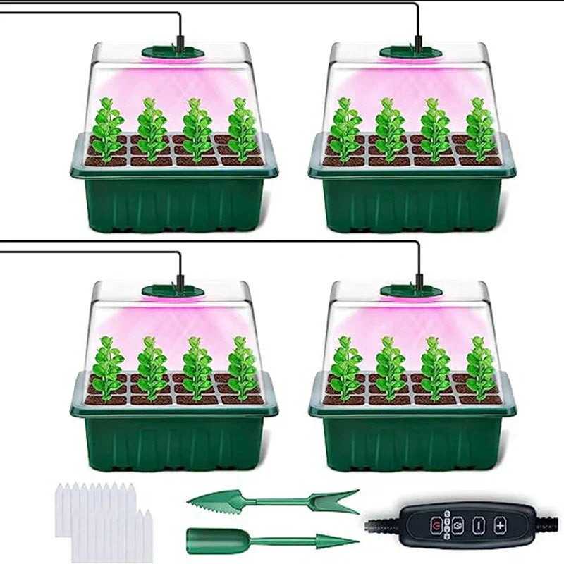 Anzuchtschalen-Set mit LED-Pflanzenlampe und Feuchtigkeitshaube – 4er-Set Zorenza