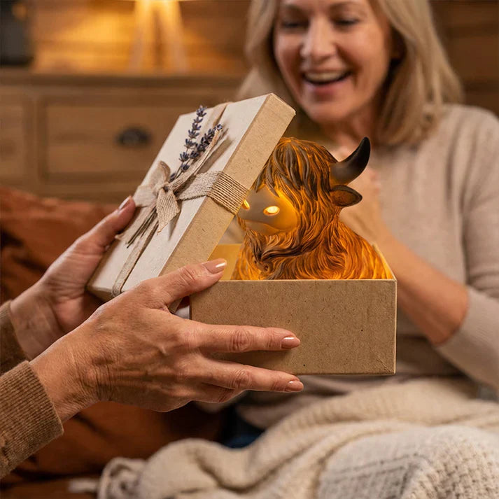 Highland-Kuh Nachtlicht aus Resin – Dekorative Lampe mit warmem Bernsteinlicht Zorenza