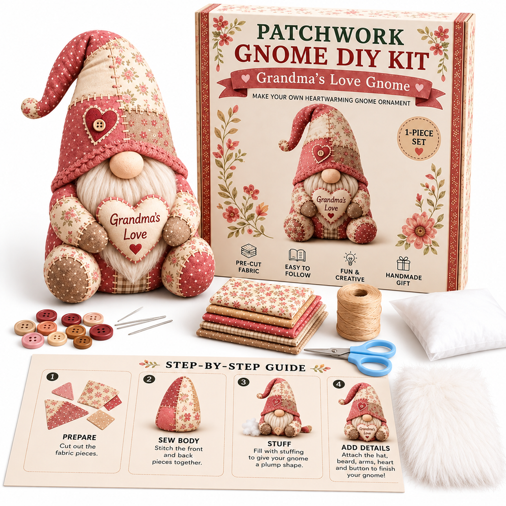 Patchwork-Wichtel Nähset – DIY Gnom zum Selbernähen, komplett mit Füllwatte & Plüschbart -    Zorenza