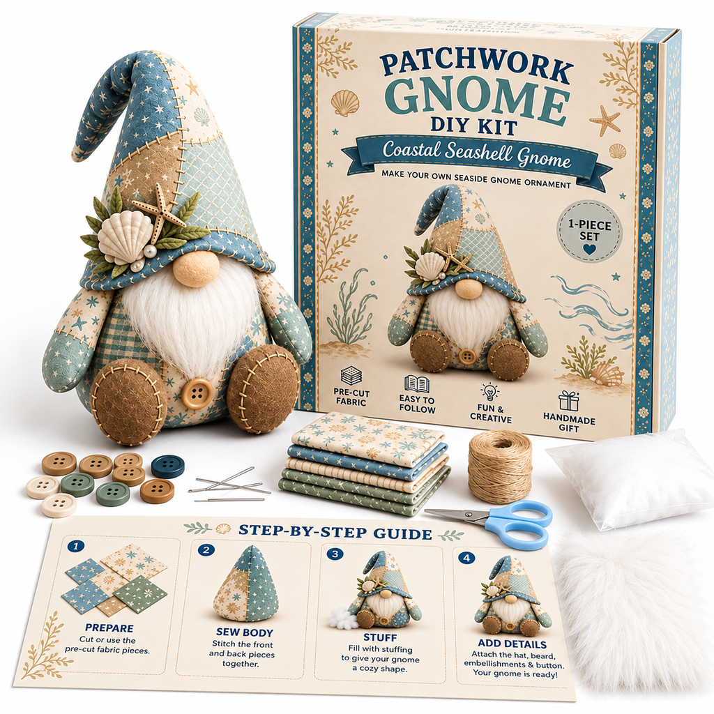 Patchwork-Wichtel Nähset – DIY Gnom zum Selbernähen, komplett mit Füllwatte & Plüschbart -    Zorenza