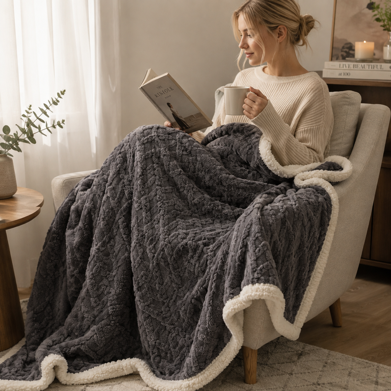 Sherpa Kuscheldecke Wendbar – Weiches Zopfmuster -    Zorenza