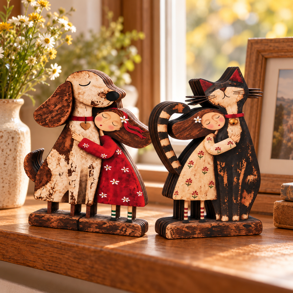 Holzfigur Mädchen mit Haustier – Handgeschnitzt -    Zorenza