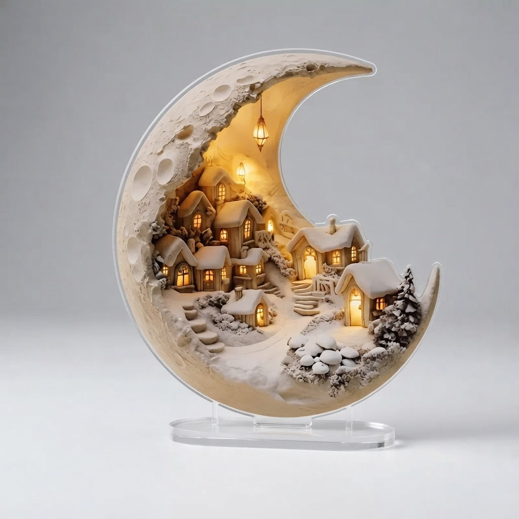 Winterdorf-Deko-Aufsteller aus bedrucktem Acryl, Mondsichel-Form, 20 × 17 cm -    Zorenza