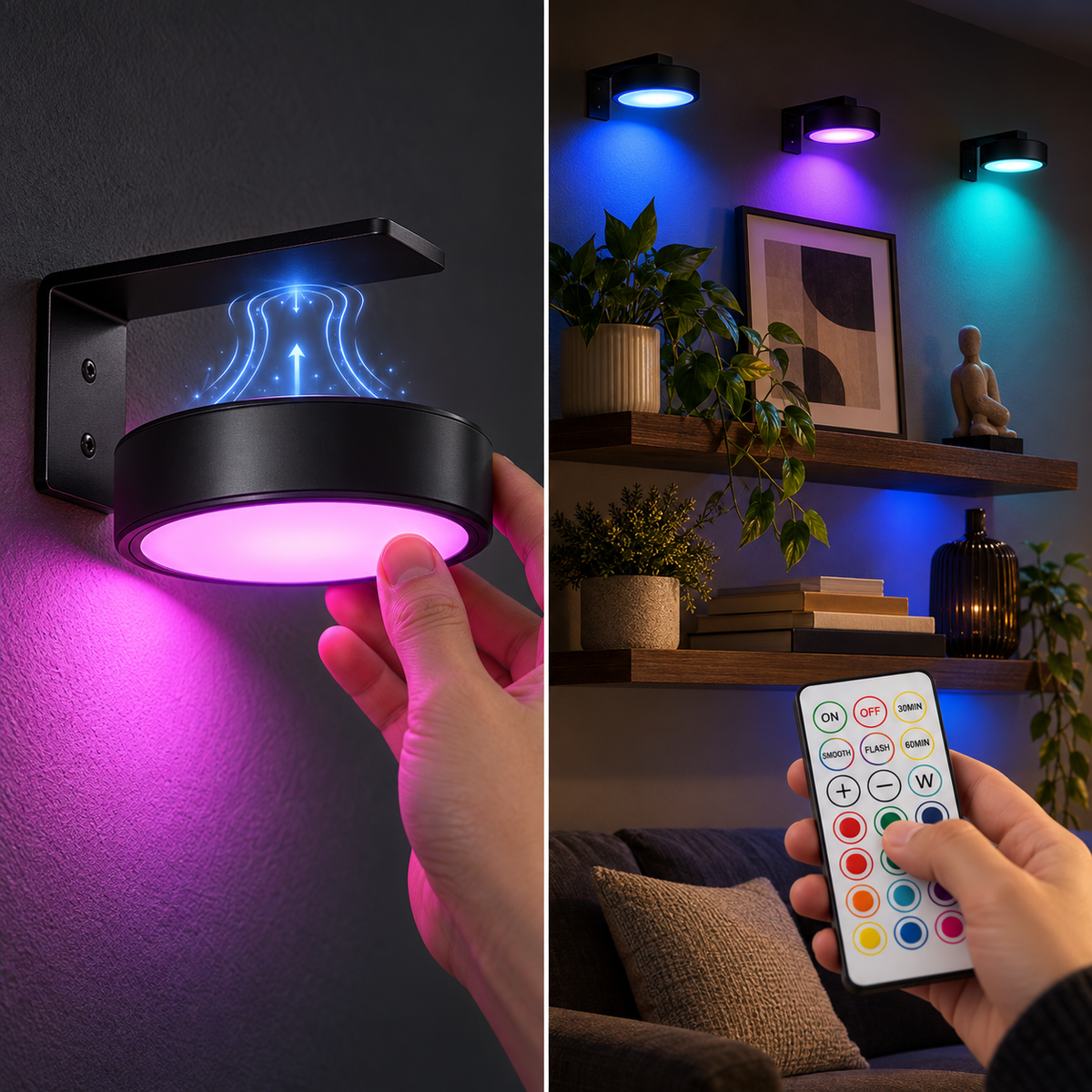 LED Bilderleuchte kabellos & magnetisch, 13 Farben RGB mit Fernbedienung, dimmbar, Timer, batteriebetrieben -    Zorenza