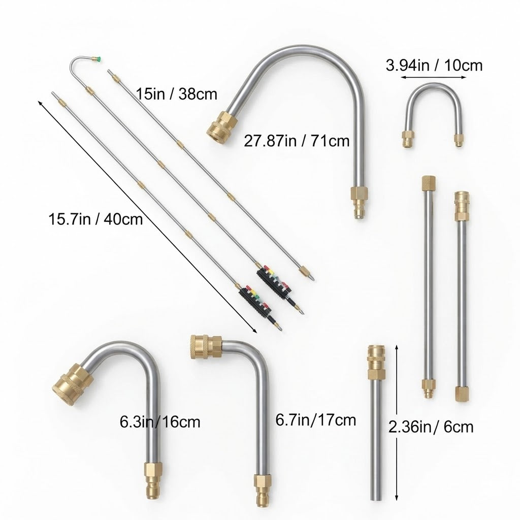 Hochdruckreiniger-Verlängerung aus Edelstahl, 2,5 m, mit 3 Bogenaufsätzen und 5 Düsen, 1/4"-Schnellkupplung -    Zorenza