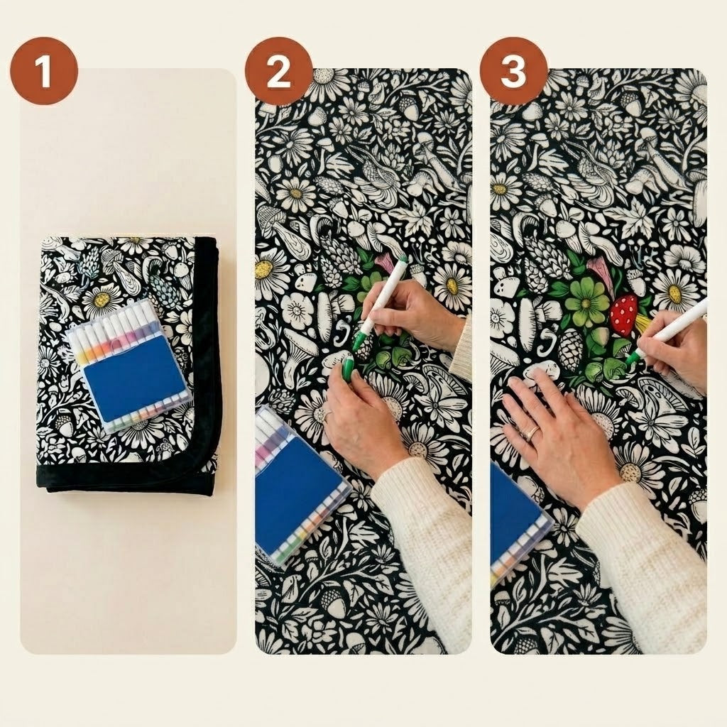 Kuscheldecke zum Ausmalen aus Flanell inkl. 24 Acrylmarker – ca. 130 × 150 cm, 5 Motive -    Zorenza