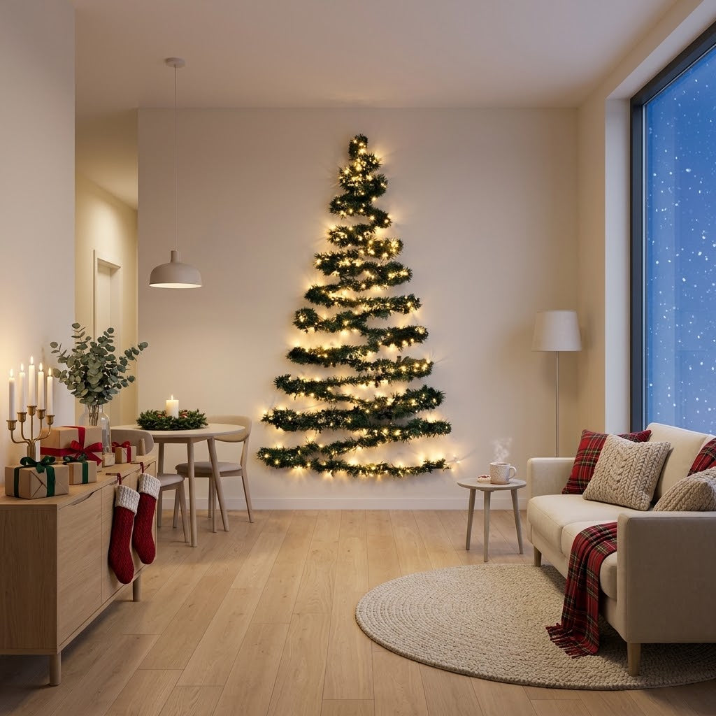 Wand-Weihnachtsbaum mit LED-Lichterkette, batteriebetrieben ohne Steckdose -    Zorenza