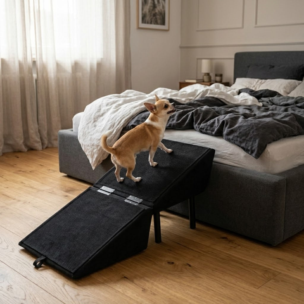 Hunderampe mit Hocker-Funktion – klappbare Aufstiegshilfe für Sofa & Bett -    Zorenza