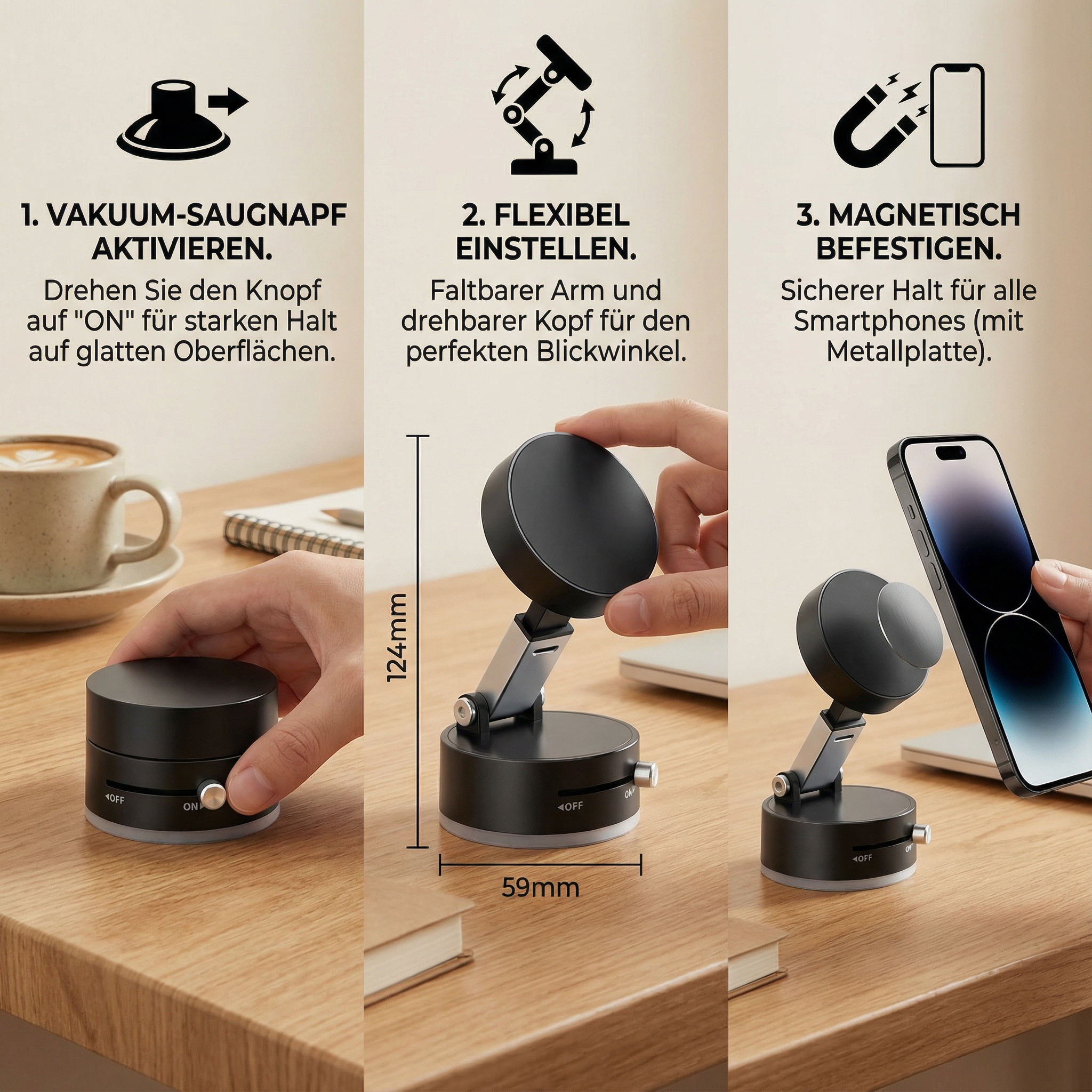 Handyhalter Magnetisch Faltbar – Sicherer Halt mit Vakuum-Saugnapf -    Zorenza