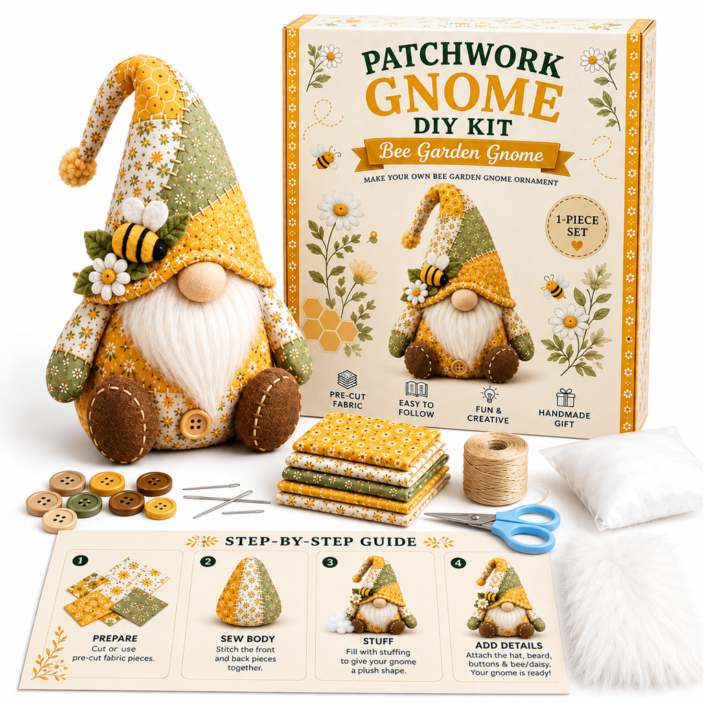 Patchwork-Wichtel Nähset – DIY Gnom zum Selbernähen, komplett mit Füllwatte & Plüschbart -    Zorenza