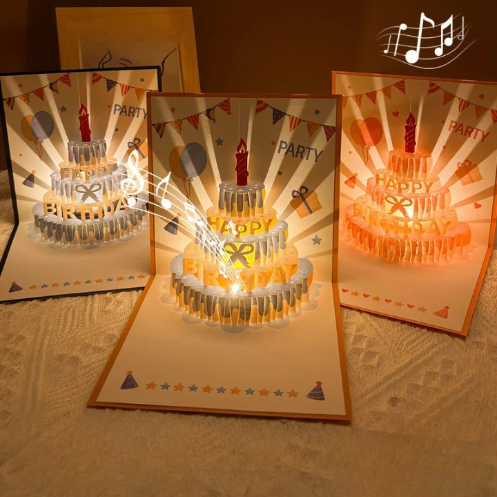 3D Pop-up Geburtstagskarte – handgemachte Grußkarte mit LED-Licht und Musik -    Zorenza