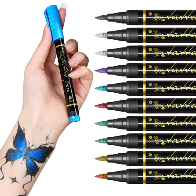 Temporäre Tattoo-Marker 10 Farben – Pinselspitze, hautverträglich -    Zorenza