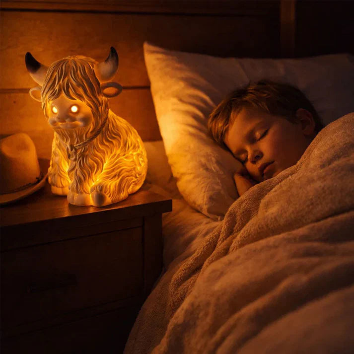 Highland-Kuh Nachtlicht aus Resin – Dekorative Lampe mit warmem Bernsteinlicht Zorenza
