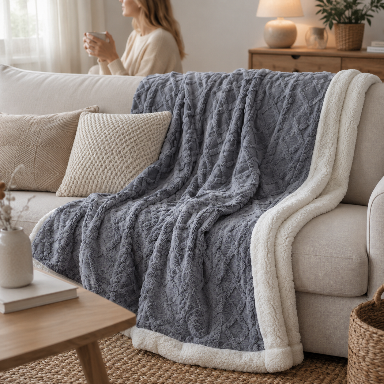 Sherpa Kuscheldecke Wendbar – Weiches Zopfmuster -    Zorenza