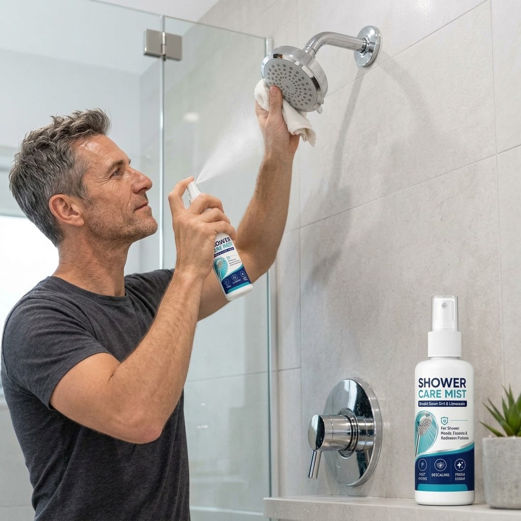 Kalkentferner-Spray für Duschkopf und Badezimmerarmaturen, 50 ml, mit Reinigungstuch -    Zorenza