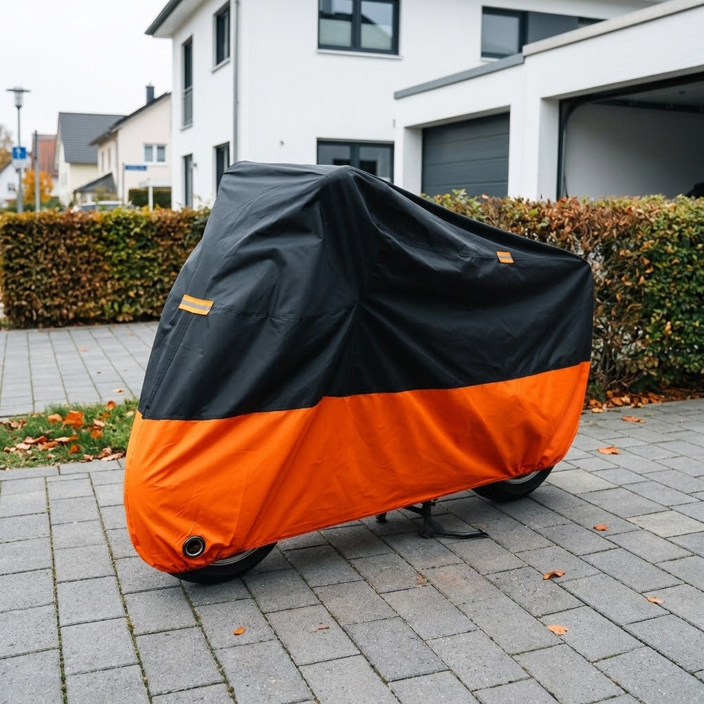 Motorradabdeckung aus 190T Oxford mit Schlossöse und Reflektoren, Schwarz/Orange, M–XXL -    Zorenza