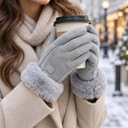 Damen Winterhandschuhe in Wildleder-Optik mit Plüschbündchen und Touchscreen-Fingerkuppe -    Zorenza