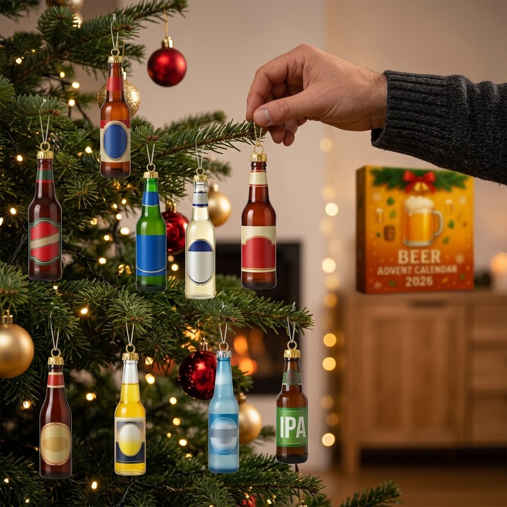 Bier-Adventskalender 2026 mit 24 Bierflaschen-Anhängern aus Acryl – Weihnachtsbaumschmuck für Bierliebhaber -    Zorenza