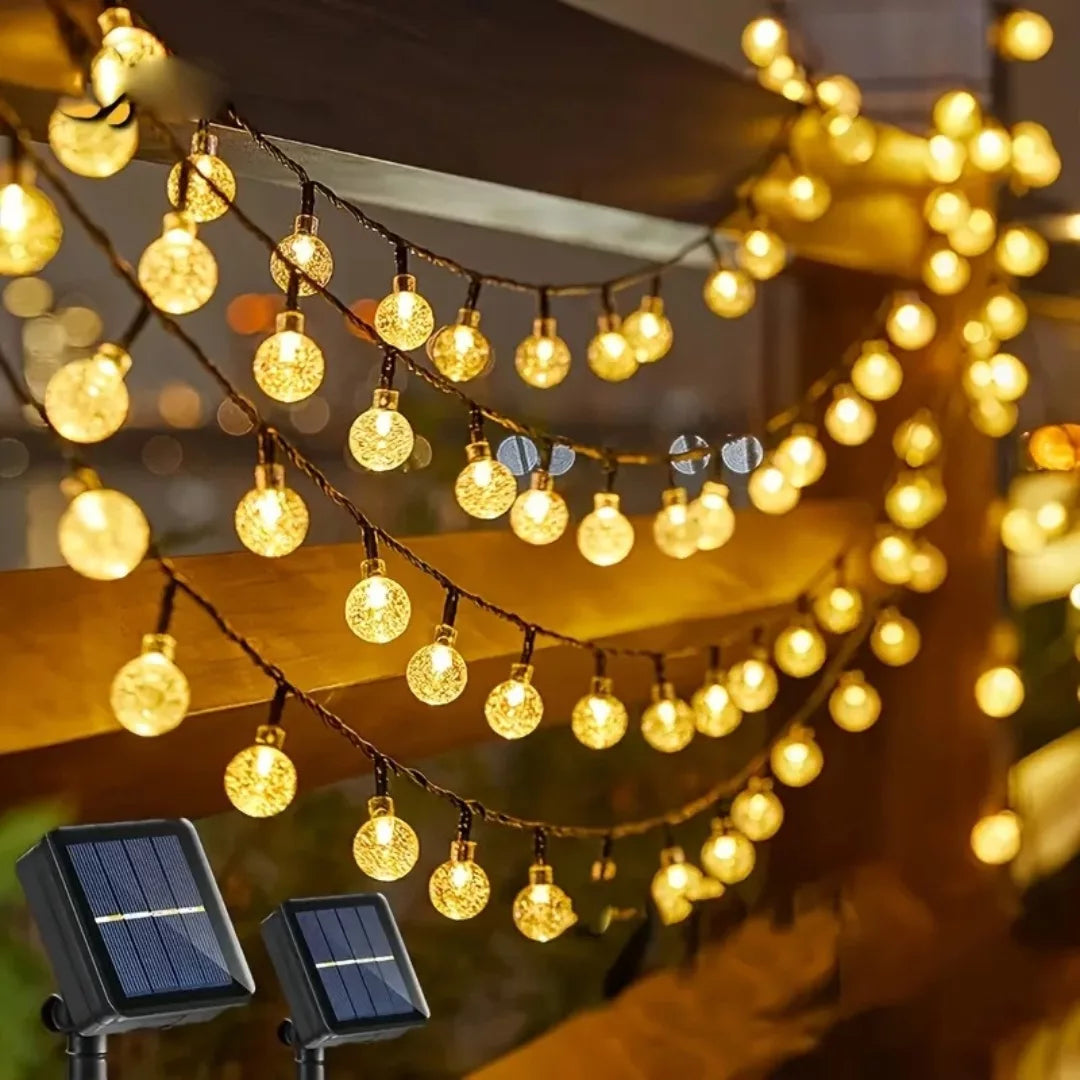 Solar LED Lichterkette Kristallkugeln warmweiß – Wetterfest mit Solarpanel für Garten, Terrasse, Balkon und Festdekoration – Zorenza