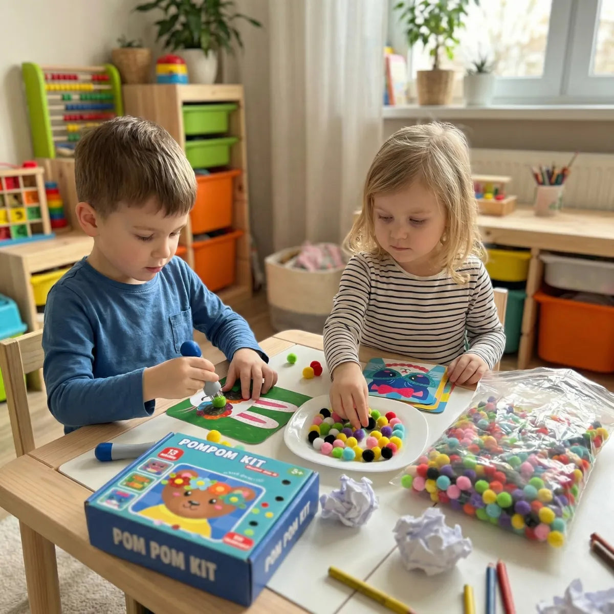 Pompon-Bastelset mit Tierkarten – Kreatives Spiel ohne Bildschirm Zorenza