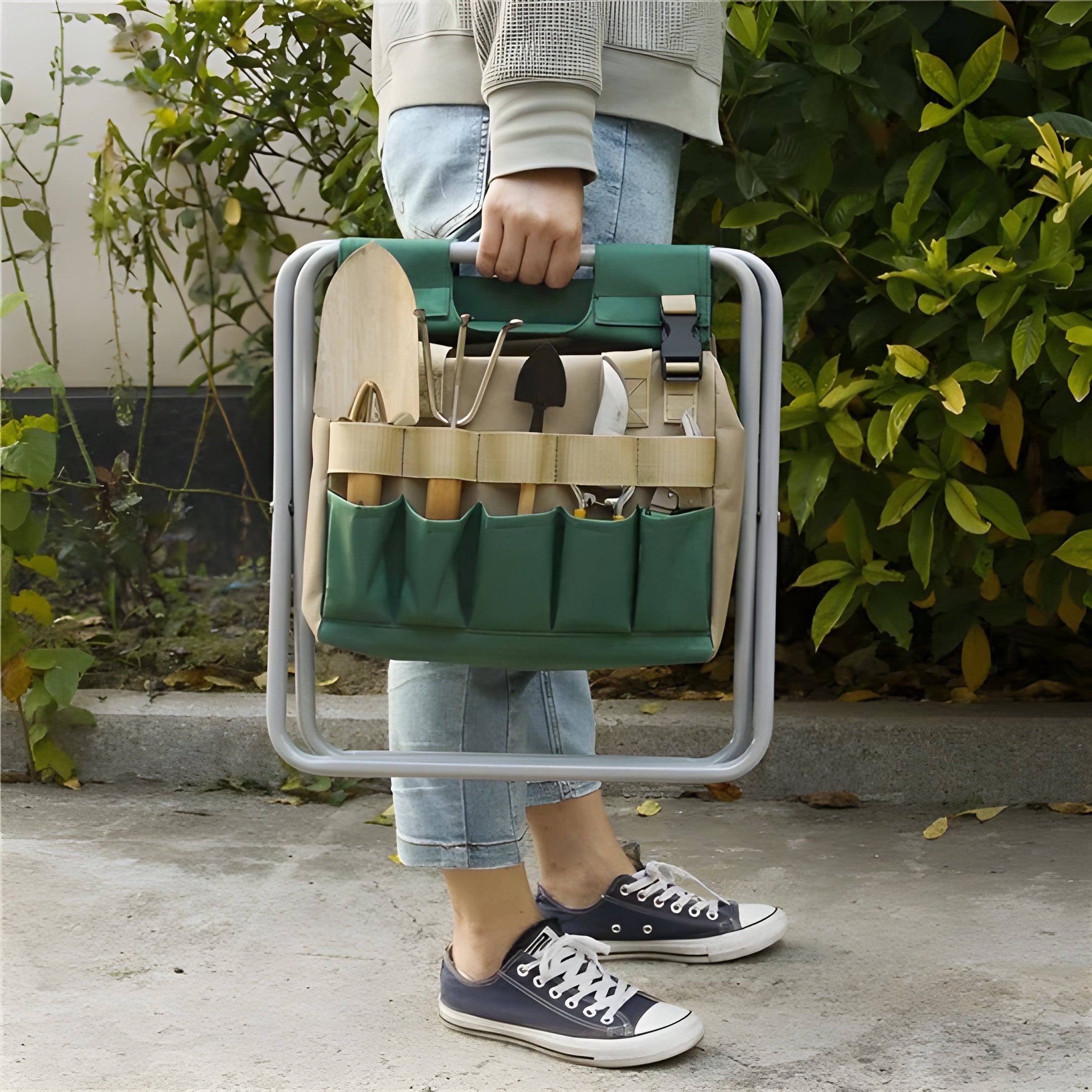 Gartenwerkzeug-Set mit Klappstuhl und Werkzeugtasche -    Zorenza