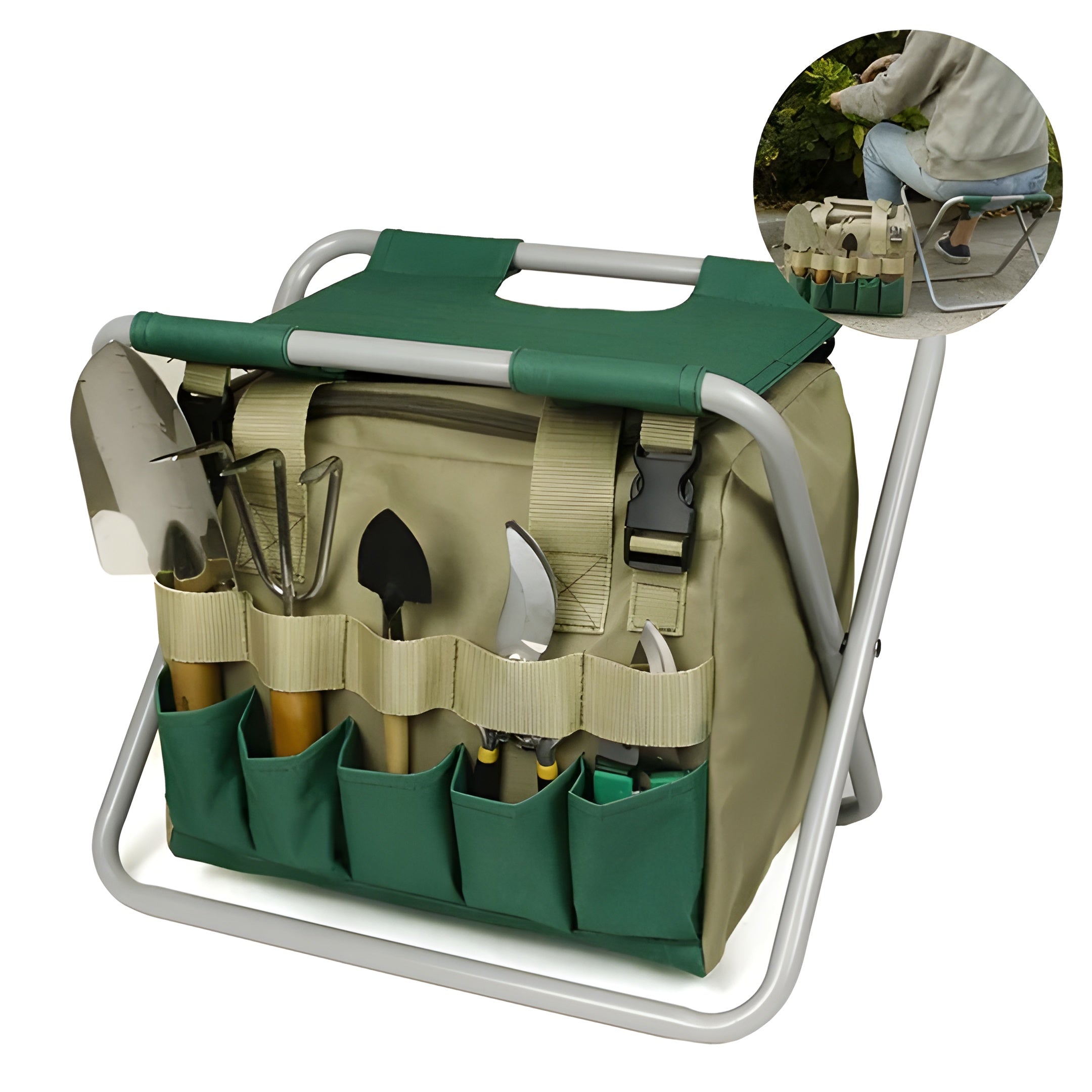 Gartenwerkzeug-Set mit Klappstuhl und Werkzeugtasche -    Zorenza