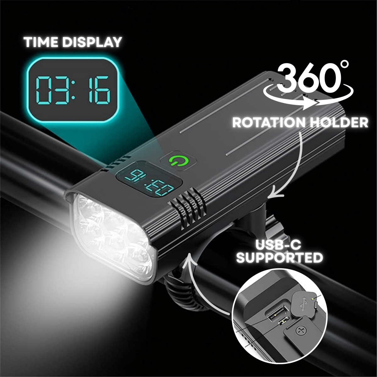 Fahrradlicht LED 5000 Lumen USB-C Akku Aluminium – 12 LEDs mit Zeitanzeige, 360° Halterung für sichere Nachtfahrten – Zorenza