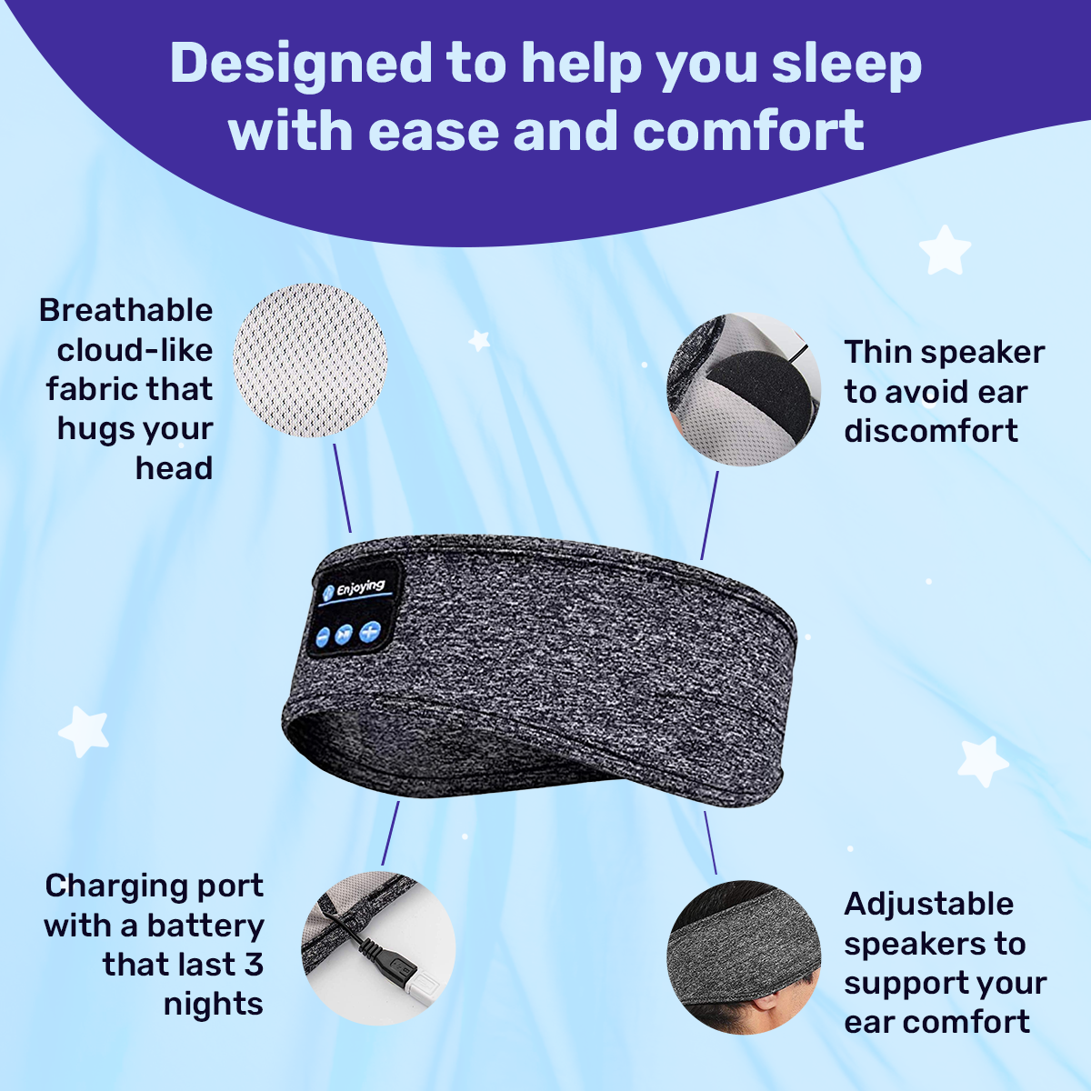 Schlafkopfhörer mit Bluetooth und USB-Aufladung -    Zorenza