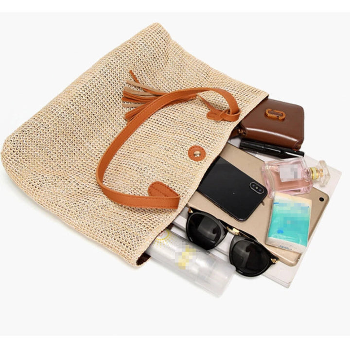 Strandtasche mit Lederhenkel und Quaste -    Zorenza