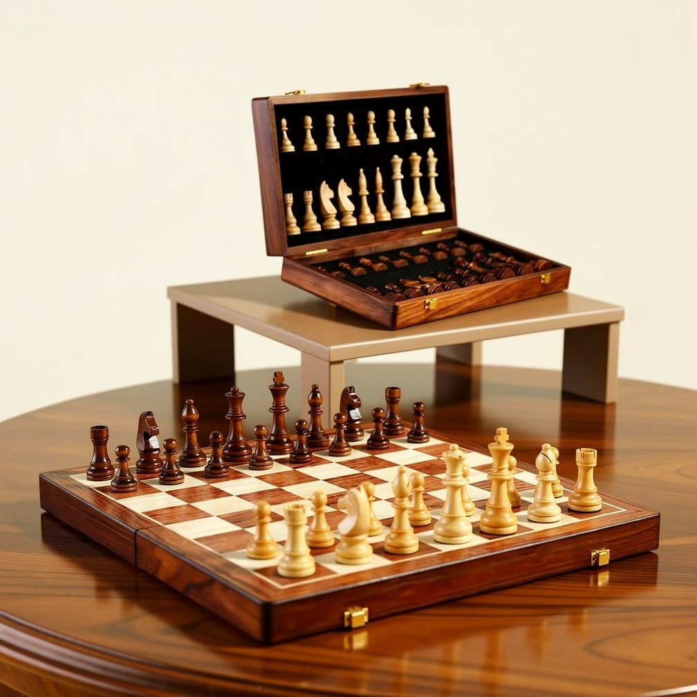Schachspiel klappbar Holz 39 x 39 cm mit Aufbewahrungsfächern – Massives Vollholz, Figuren mit Gravur für Wohnzimmer und unterwegs – Zorenza