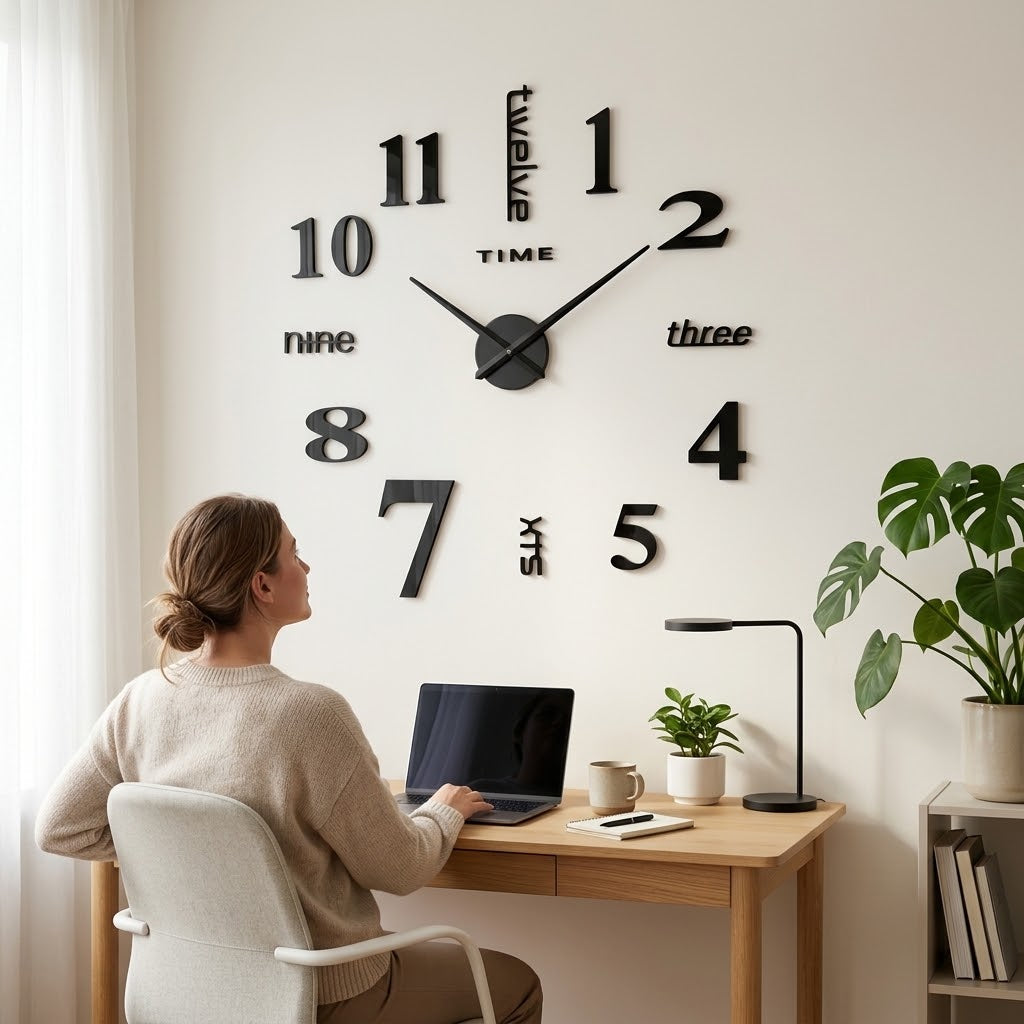 DIY Wanduhr 3D mit selbstklebenden Ziffern, Schwarz, Ø 40–120 cm -    Zorenza