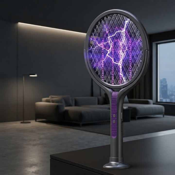 Elektrische Fliegenklatsche mit drehbarem Kopf, USB-wiederaufladbar, 5-lagiges Sicherheitsnetz -    Zorenza